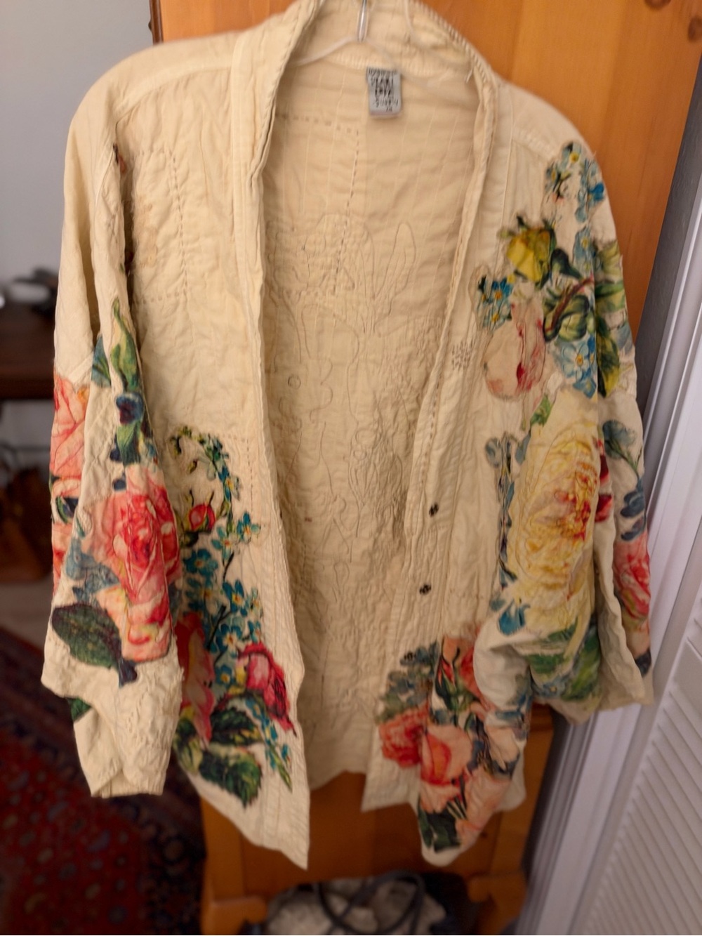 Magnolia Pearl Cream Quilted Floral Kimono Jacket with Multicolor Roses